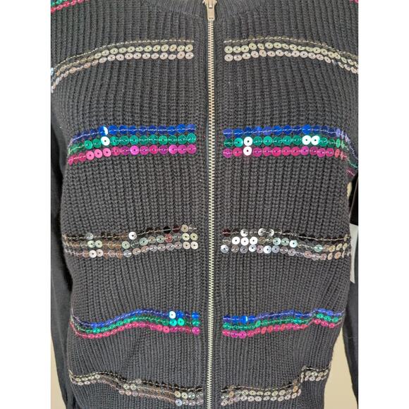 I Heart Ronson Sequin Zip Front Black Ribbed Cardigan Sweater Large New w/ Tags - Picture 2 of 11